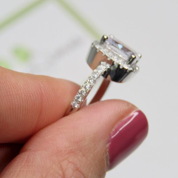 Macy's Square Cut Sterling Silver Moissanite Diamond Halo Ring S925 Size 7 - Picture 6 of 8